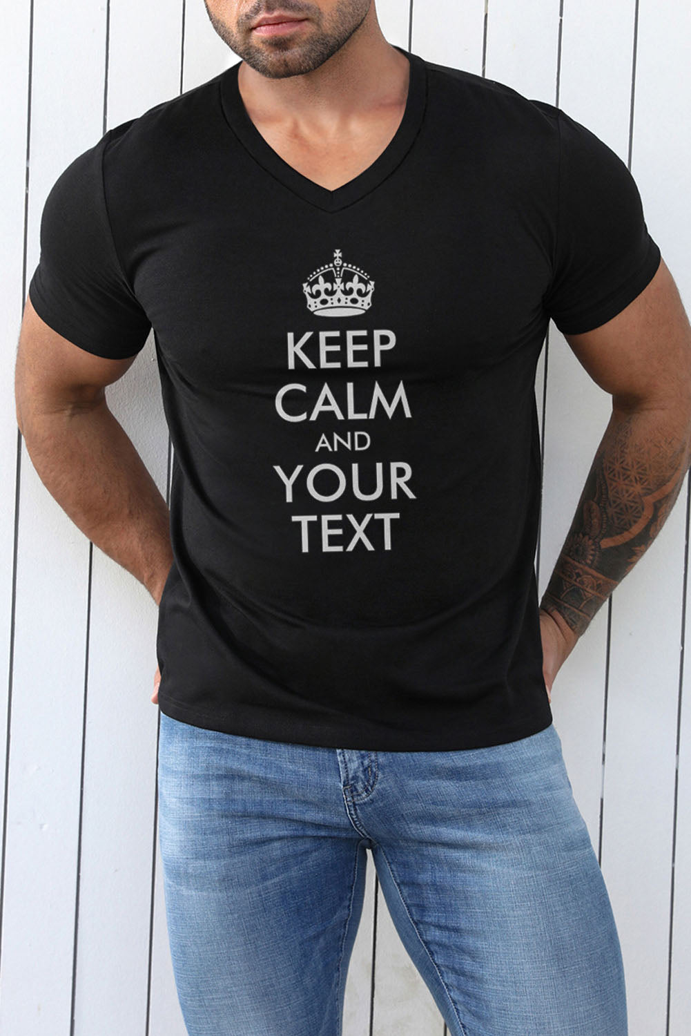 Black Keep Calm And Your Text Crown Printed Men's Graphic Tee Black 65%Polyester+30%Cotton+5%Elastane Men's Tops JT's Designer Fashion