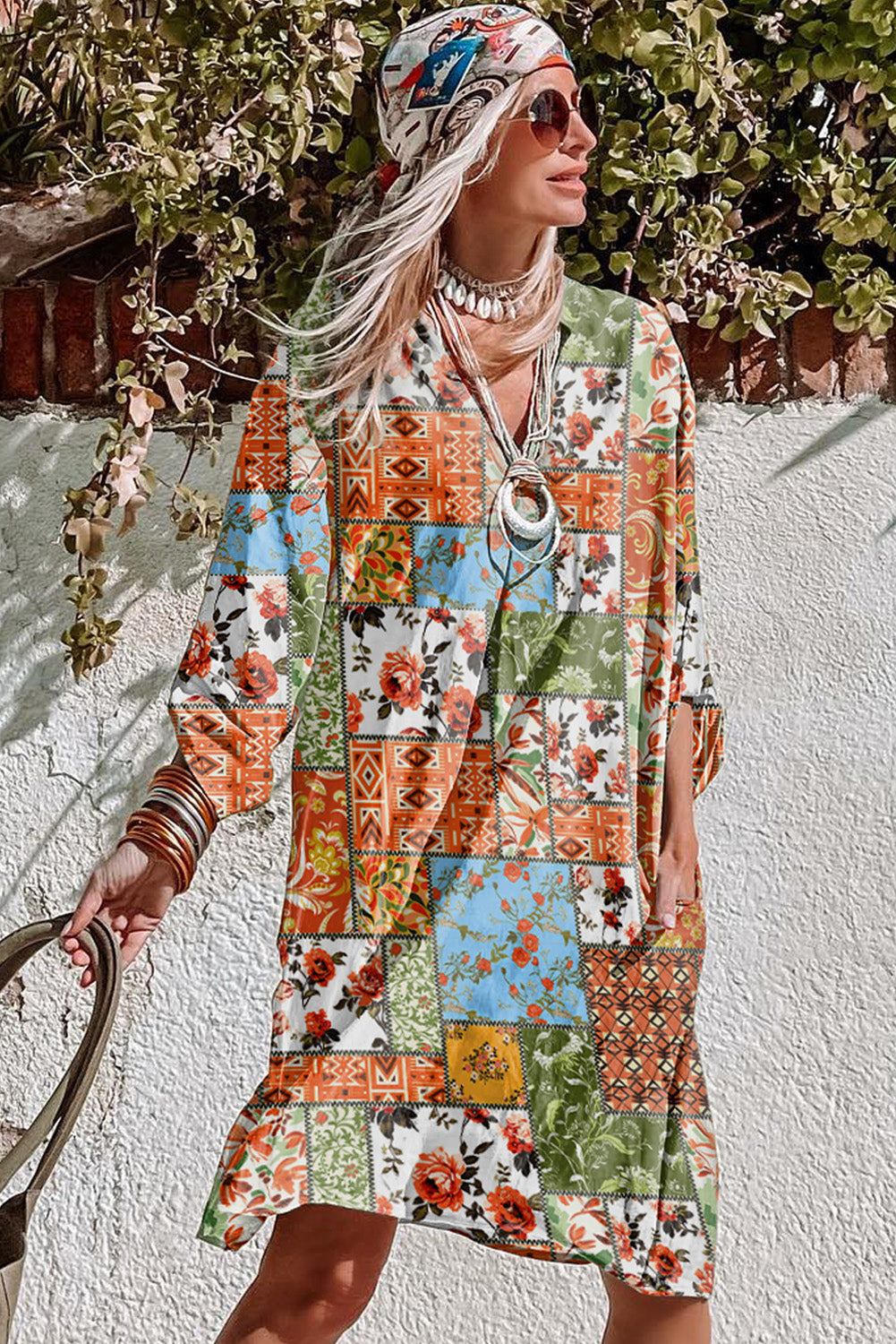 Multicolour Floral Patchwork Print Roll-tab Sleeve Shift Dress Dresses JT's Designer Fashion