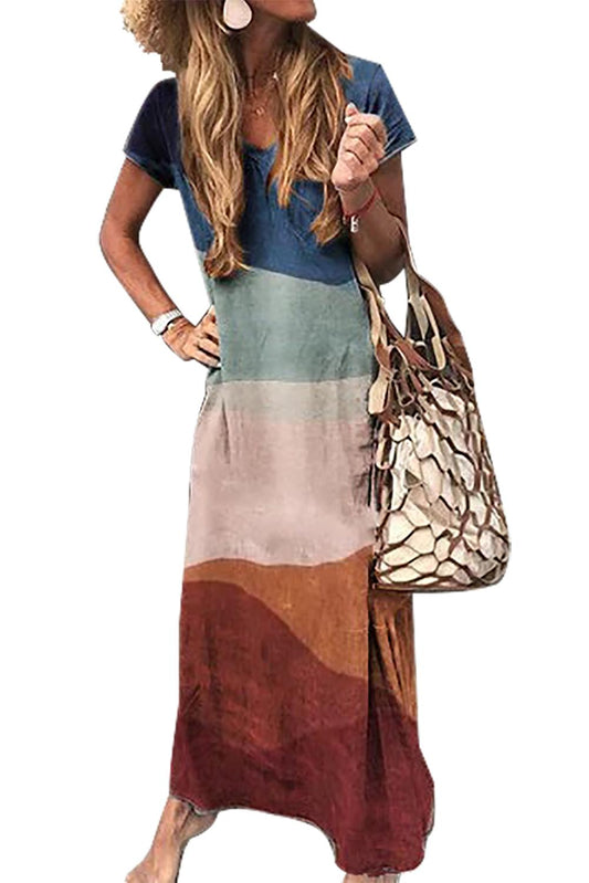 Multicolor Casual Boho V Neck Short Sleeve Maxi Dress Multicolor 95%Polyester+5%Spandex Maxi Dresses JT's Designer Fashion