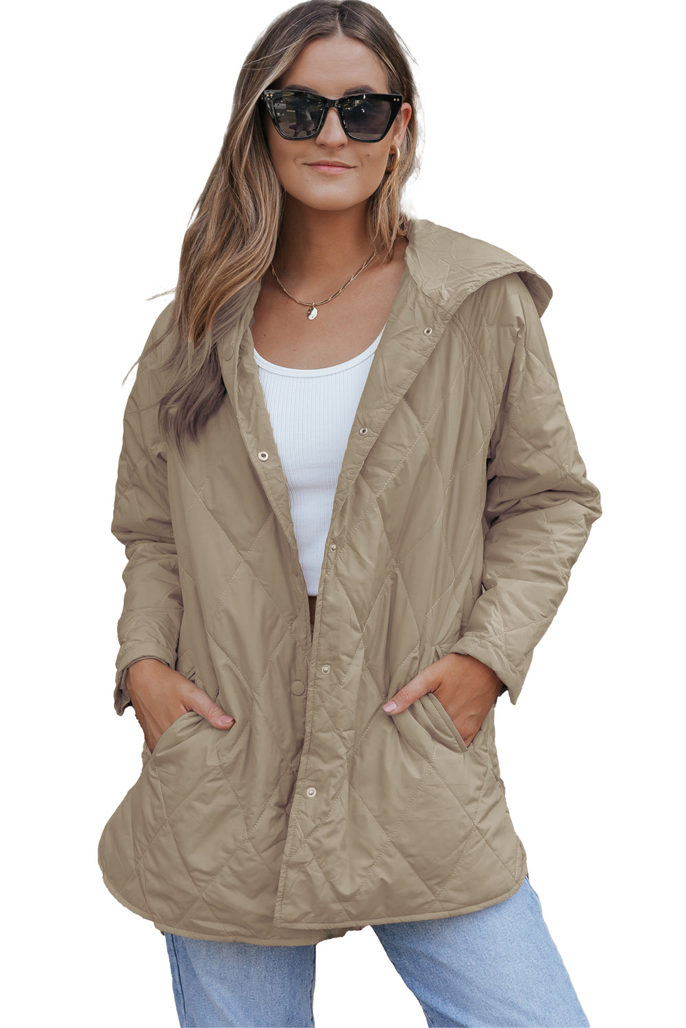 Khaki Quilted Snap Button Hooded Coat Outerwear JT's Designer Fashion