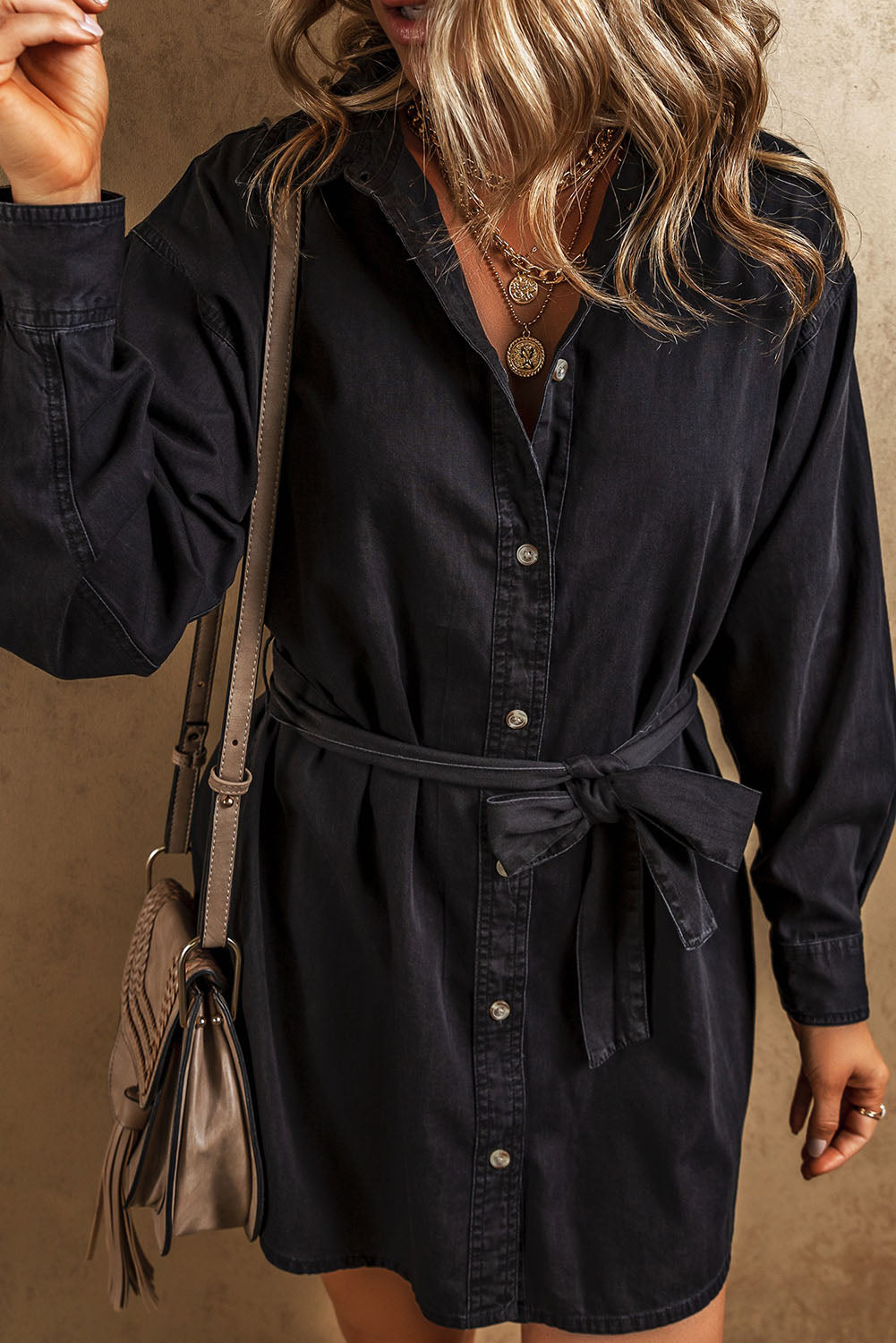 Black Button-Up Belted Denim Shirt Dress Dresses JT's Designer Fashion