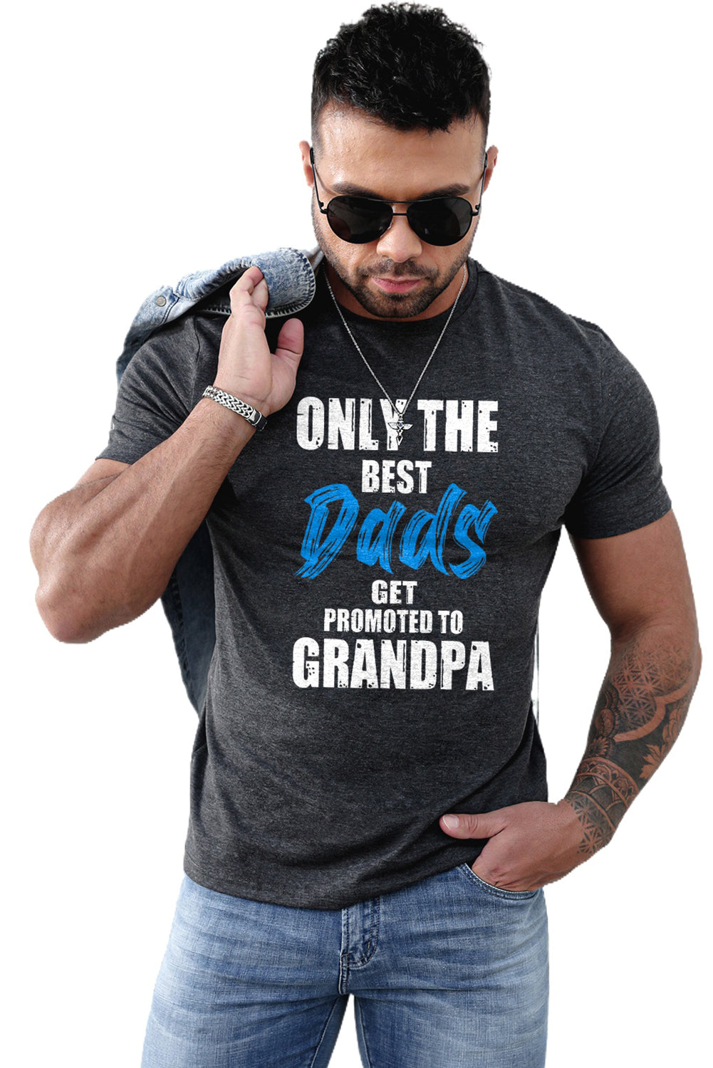 Gray Best Dad Promoted To Grandpa Mens Graphic Tee Men's Tops JT's Designer Fashion