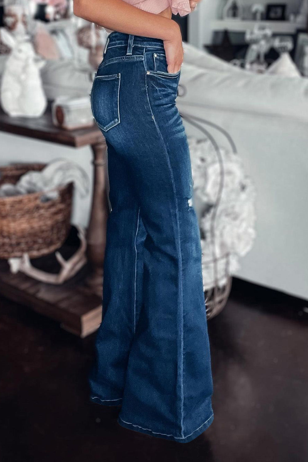 Blue Asymmetric Open Knee Distressed Flare Jeans Jeans JT's Designer Fashion