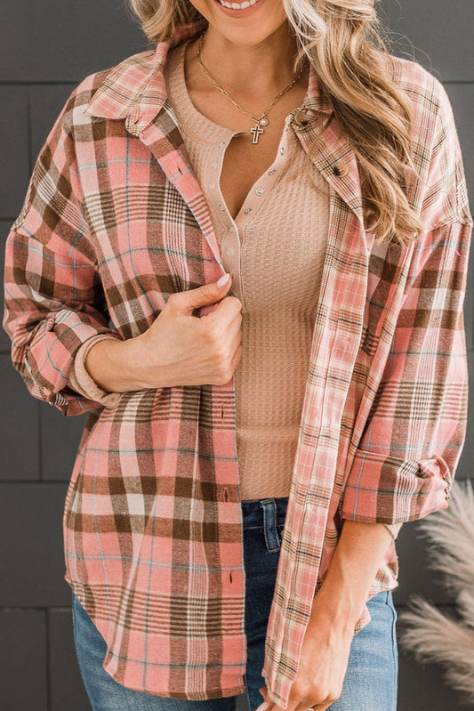 Pink Drop Shoulder Rounded Hem Plaid Pattern Shirt Outerwear JT's Designer Fashion
