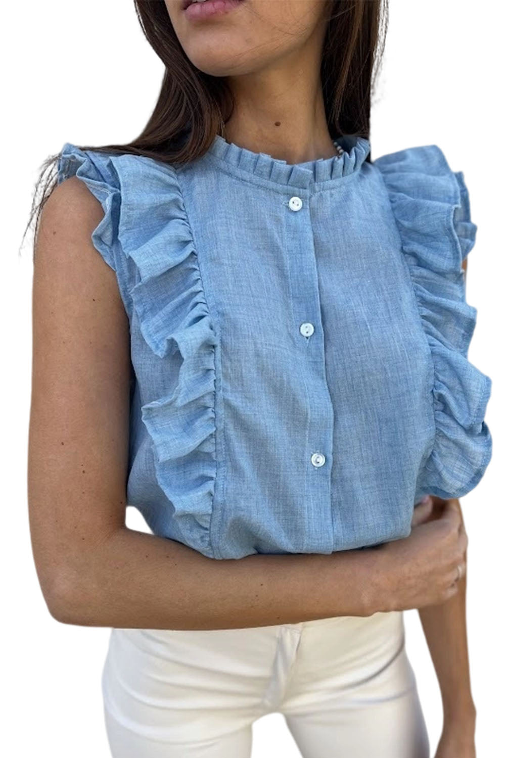 Sky Blue Ruffle Trim Soft Lightweight Sleeveless Shirt Tank Tops JT's Designer Fashion