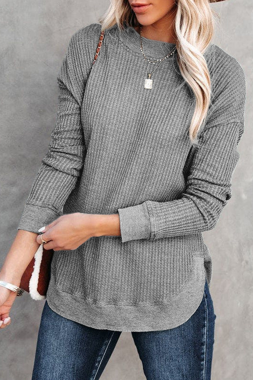 Gray Crew Neck Ribbed Trim Waffle Knit Top Gray 62.7%Polyester+37.3%Cotton Long Sleeve Tops JT's Designer Fashion