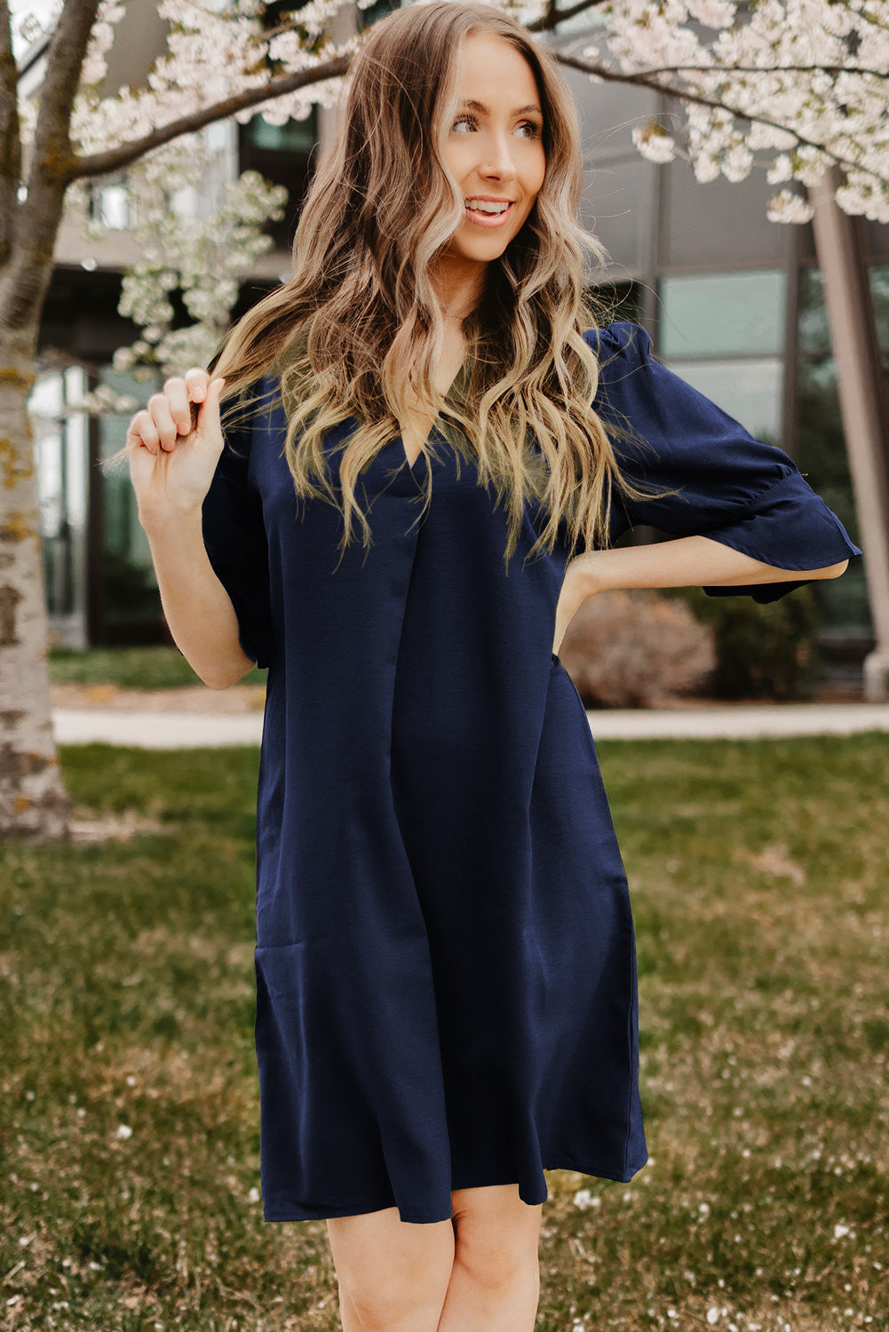 Blue Ruffled Sleeve Shift Dress Mini Dresses JT's Designer Fashion
