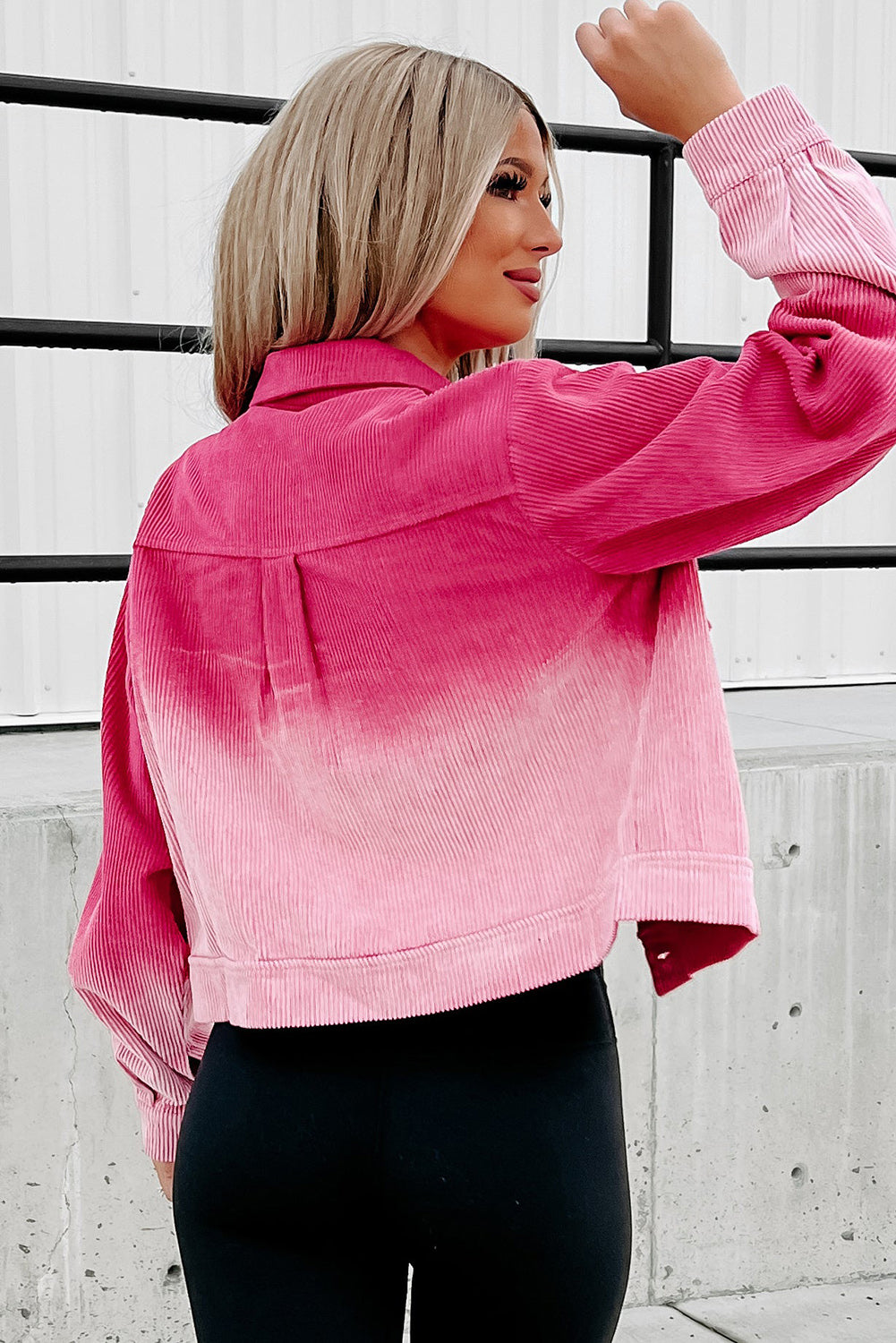 Barbie Style Pink Ombre Flap Pocket Buttoned Ribbed Corduroy Jacket Outerwear JT's Designer Fashion