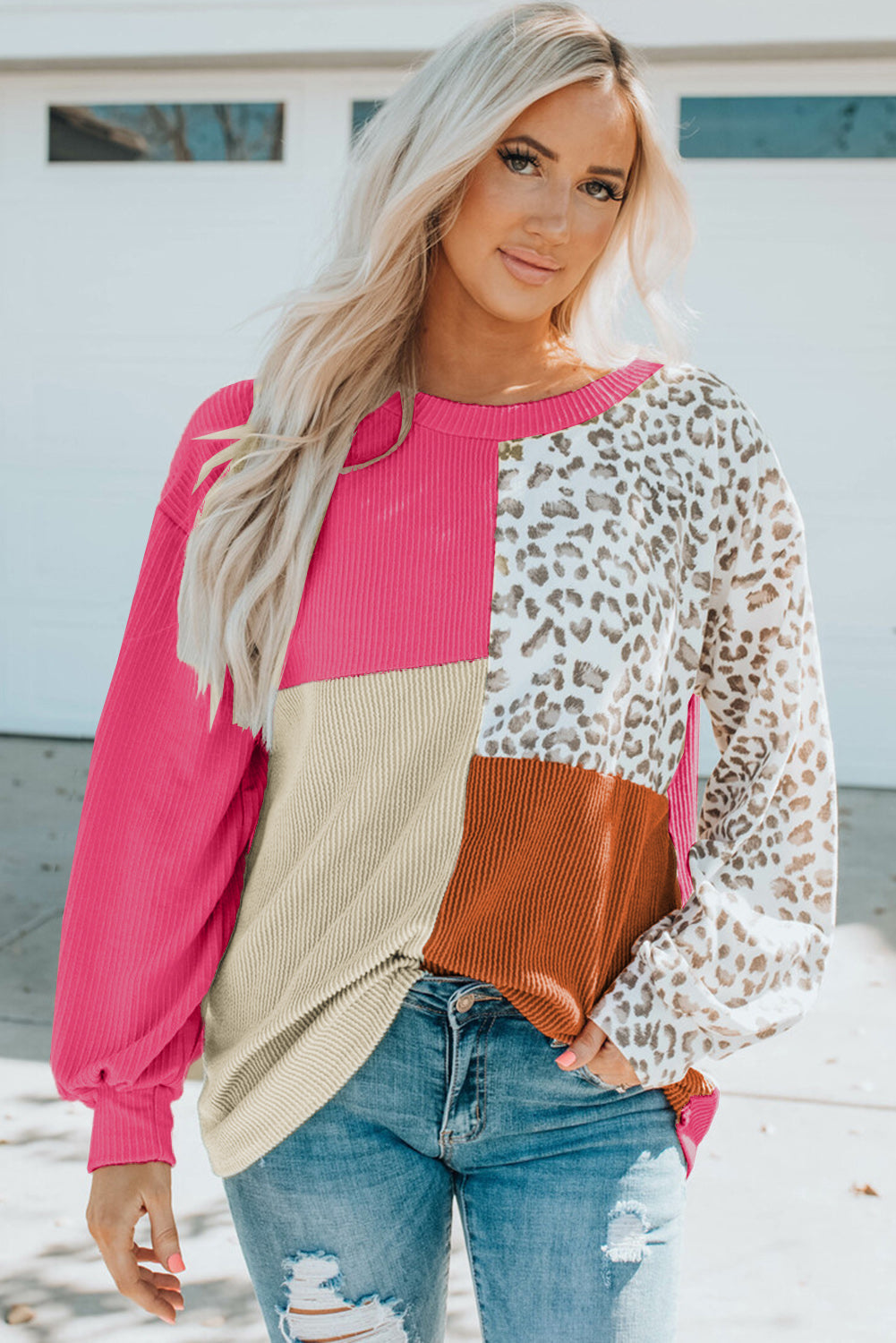 Rose Leopard Patchwork Color Block Ribbed Long Sleeve Top Long Sleeve Tops JT's Designer Fashion