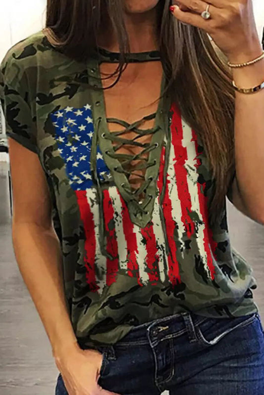 Green Camo American Flag Print Lace Up T-shirt Tops & Tees JT's Designer Fashion