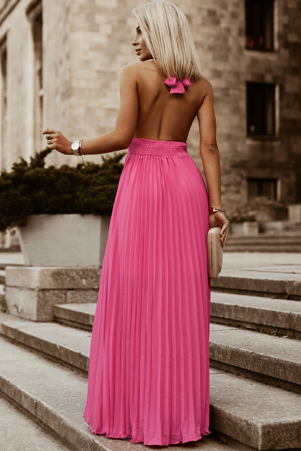 Rose Pink Halter Sleeveless Open Back Pleated Maxi Dress Evening Dresses JT's Designer Fashion