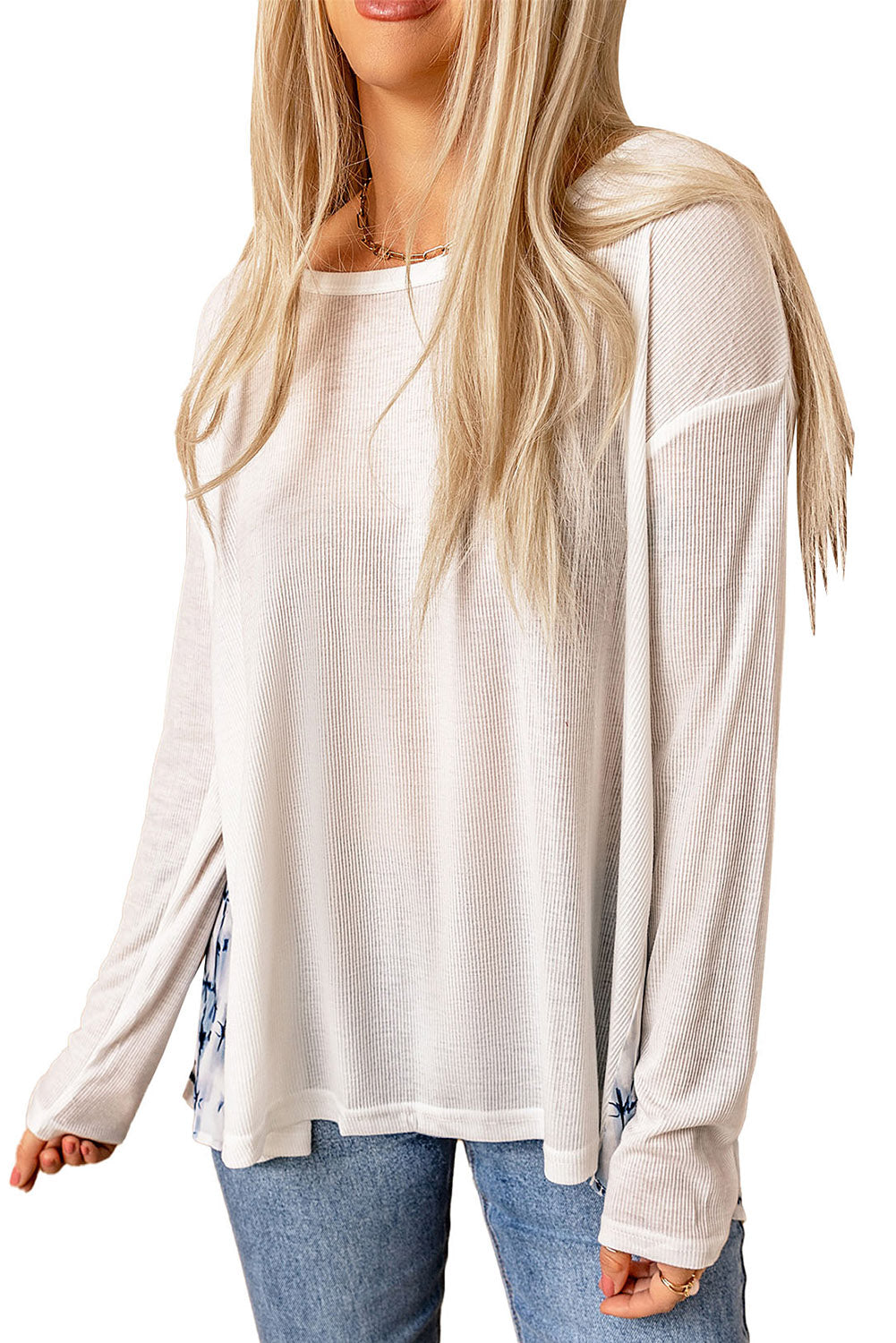 White Geometric Tie Dye Ribbed Loose Fit Long Sleeve Top Long Sleeve Tops JT's Designer Fashion