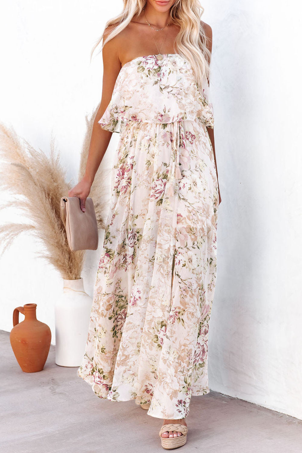 Pink Floral Print Strapless Tube Top Maxi Dress Pink 100%polyester Maxi Dresses JT's Designer Fashion