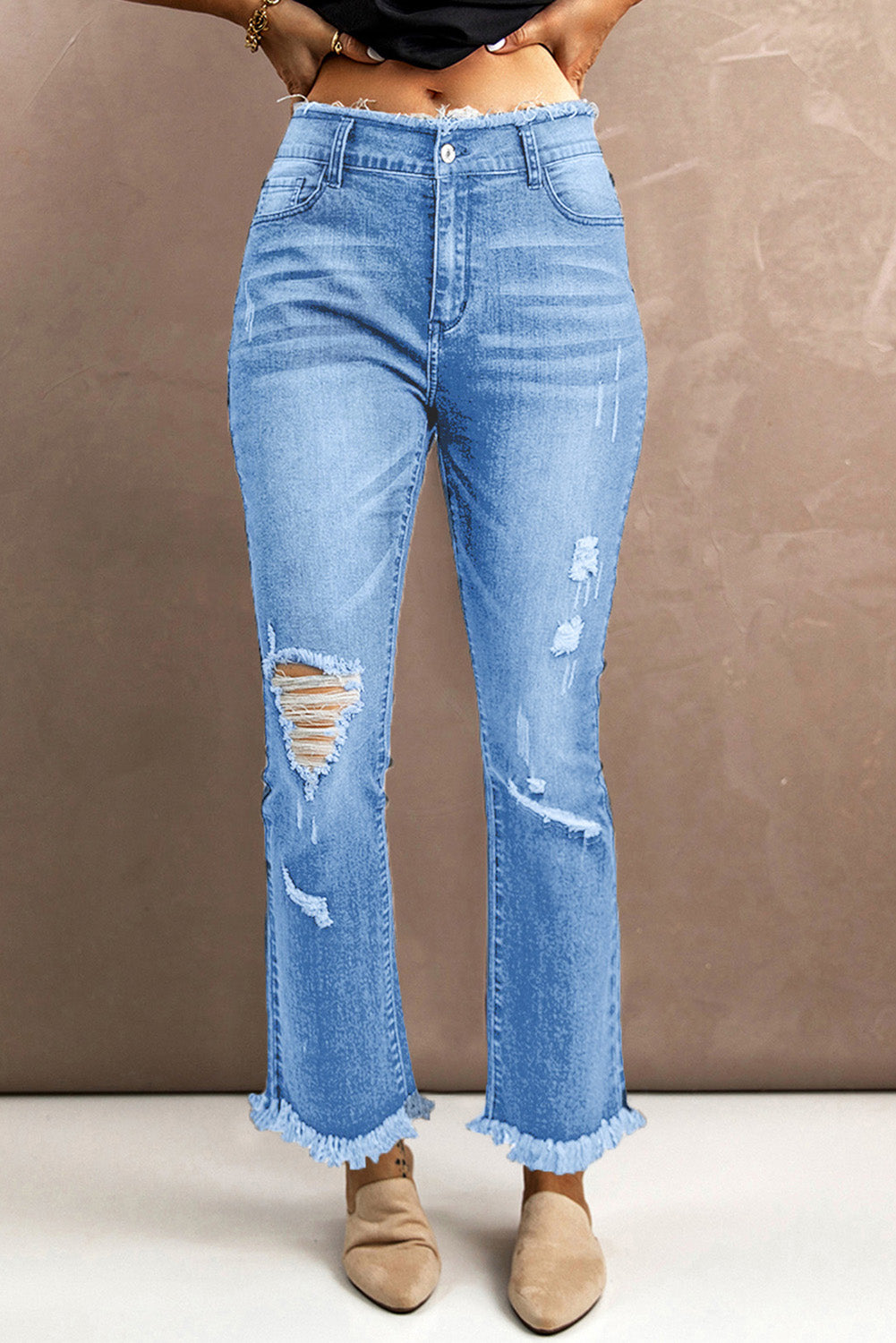 Sky Blue Frayed Ripped High Waist Flare Jeans Jeans JT's Designer Fashion