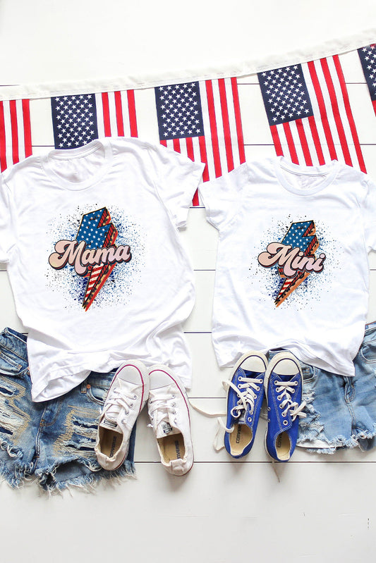 White American Flag Mini Lightning Print Short Sleeve Girl's T Shirt White 95%Cotton+5%Elastane Family T-shirts JT's Designer Fashion