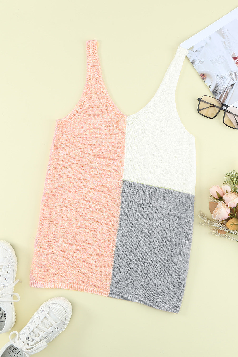 Pink Color Block Knitted Tank Top Tank Tops JT's Designer Fashion