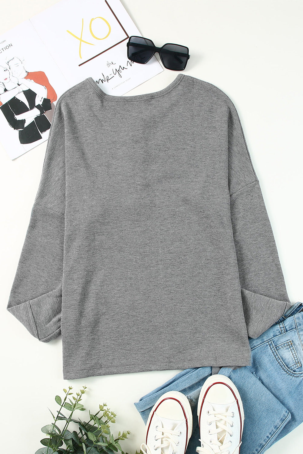 Gray Waffle Knit Henley Top Long Sleeve Tops JT's Designer Fashion
