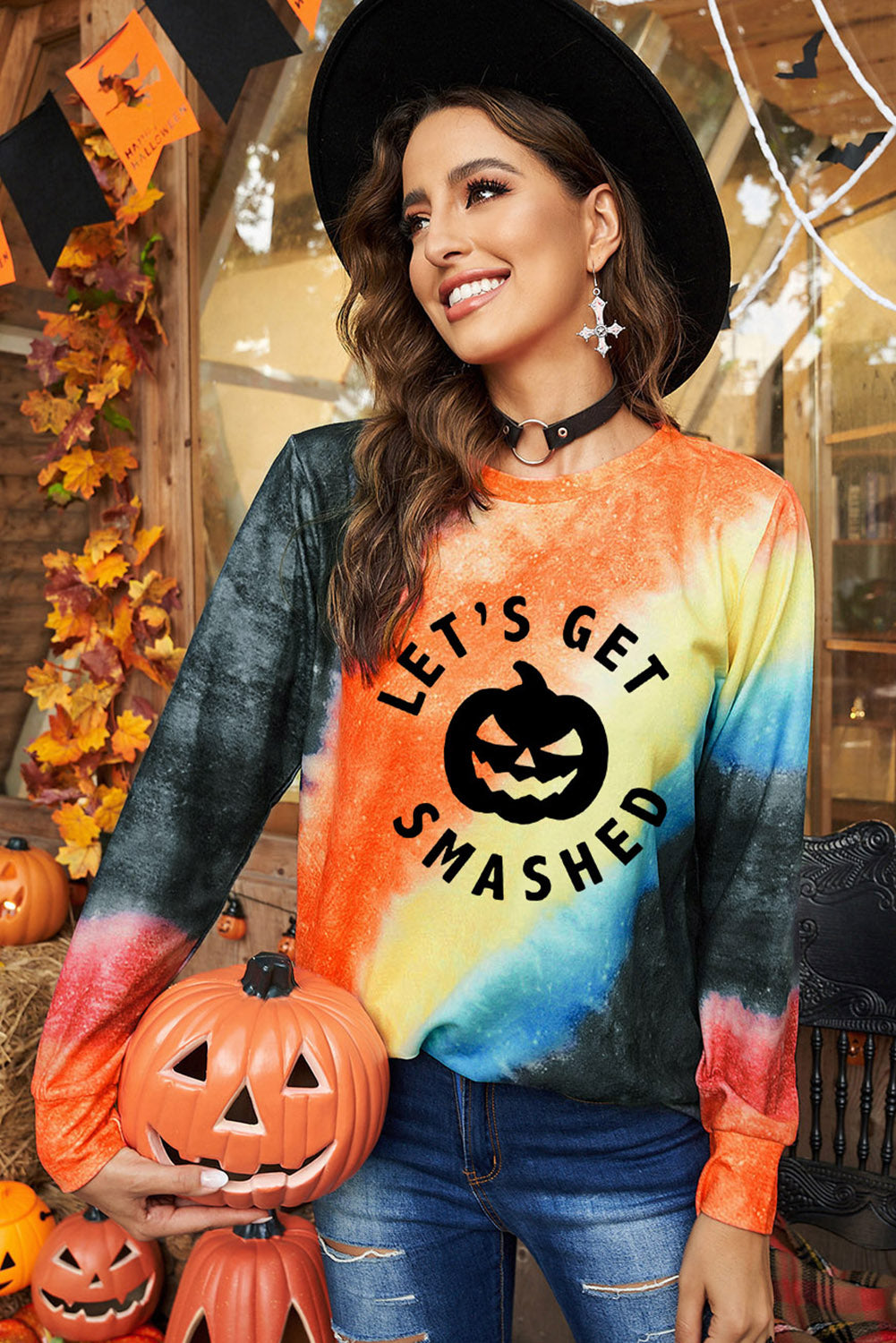 LET'S GET SMASHED Halloween Pumpkin Face Graphic Tie-dye Sweatshirt Long Sleeve Tops JT's Designer Fashion