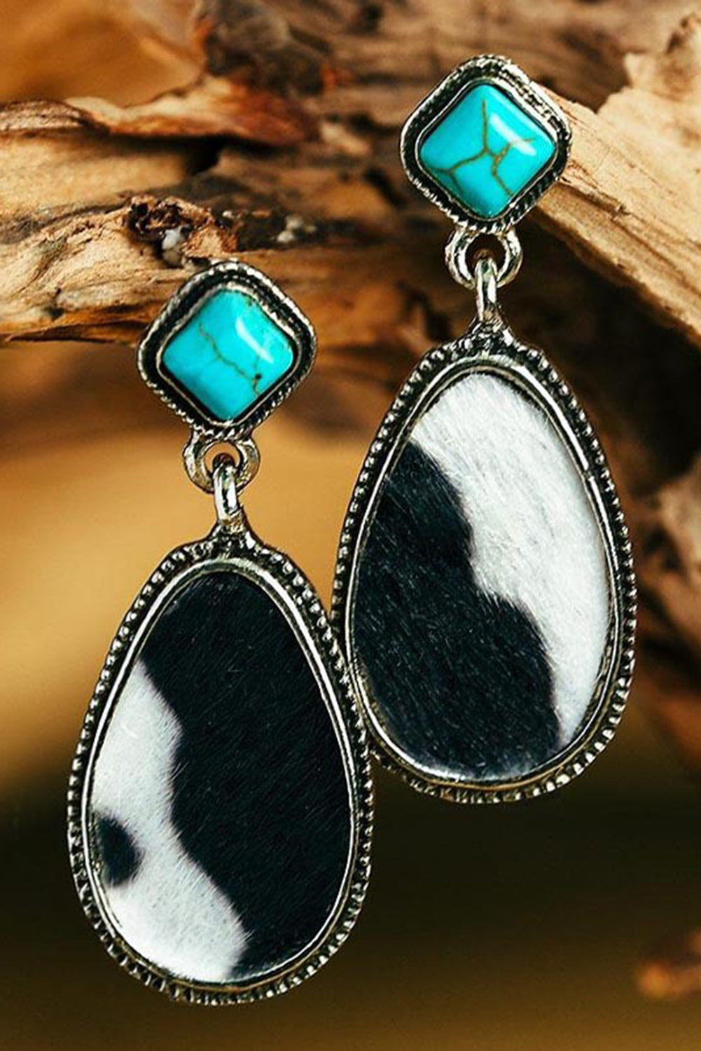 Black Cow Print Turquoise Drop Earrings Jewelry JT's Designer Fashion