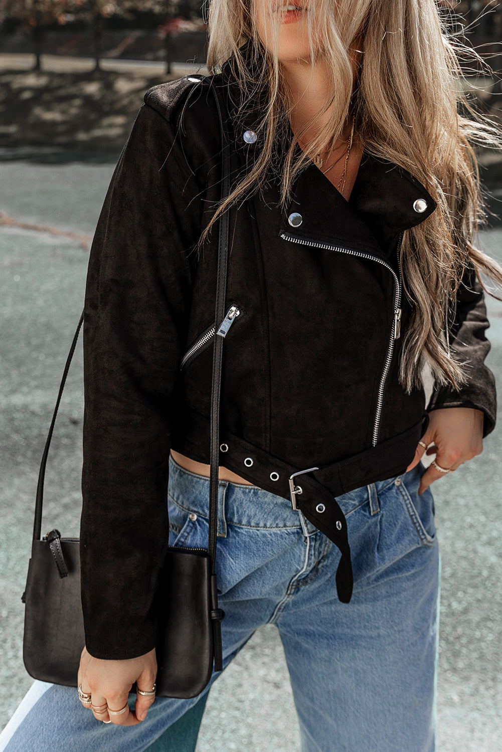 Black Asymmetric Zipper Belted Hem Jacket Outerwear JT's Designer Fashion