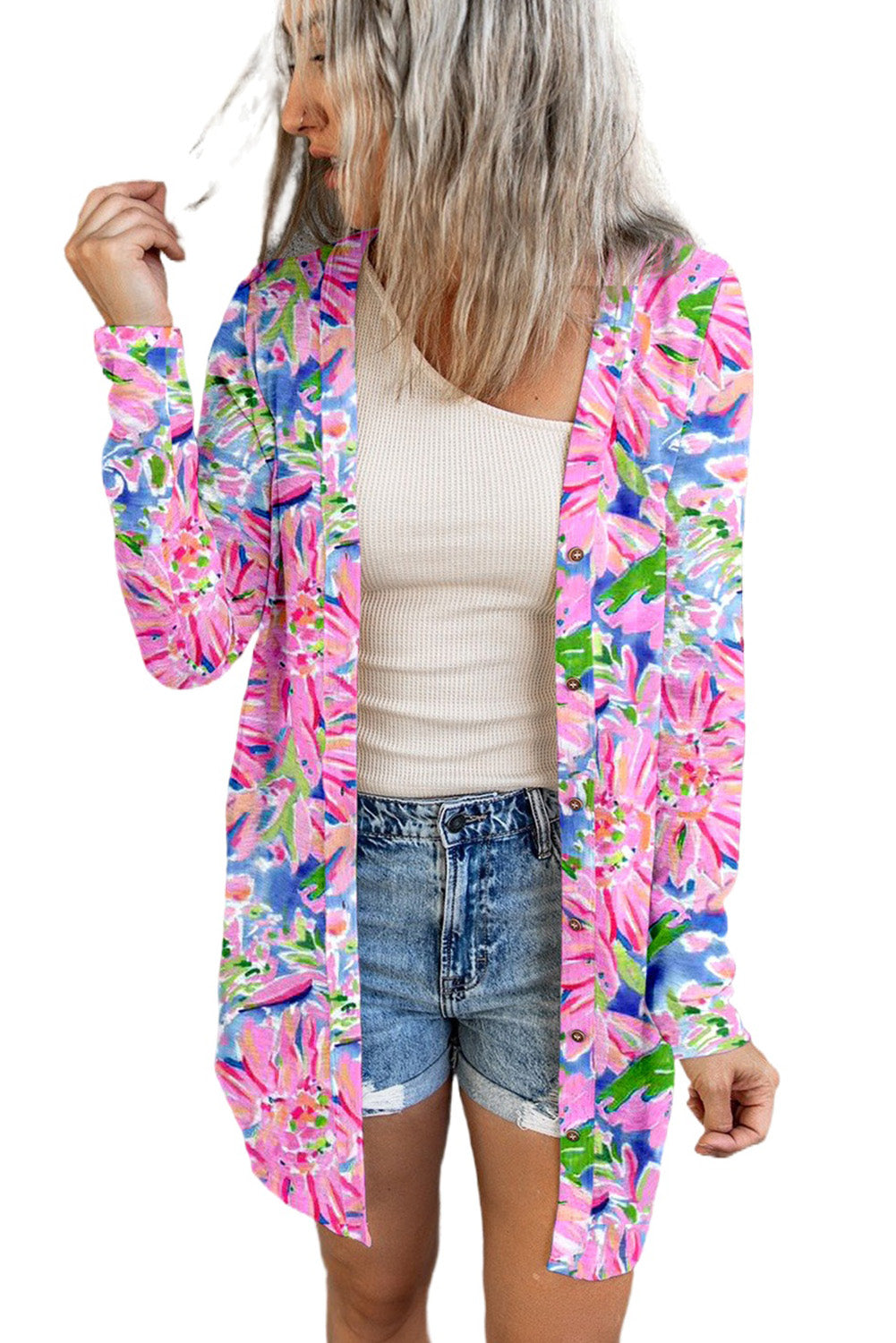 Pink Flower Print Long Sleeve Button Up Cardigan Outerwear JT's Designer Fashion