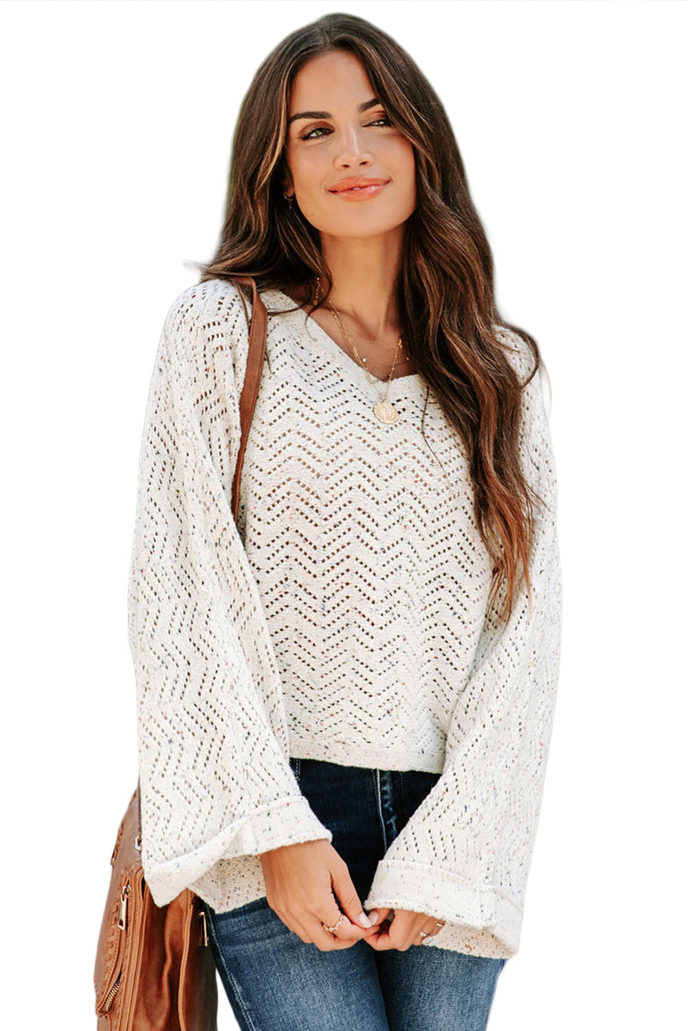 White Openwork Knit Bell Sleeve Sweater Tops & Tees JT's Designer Fashion