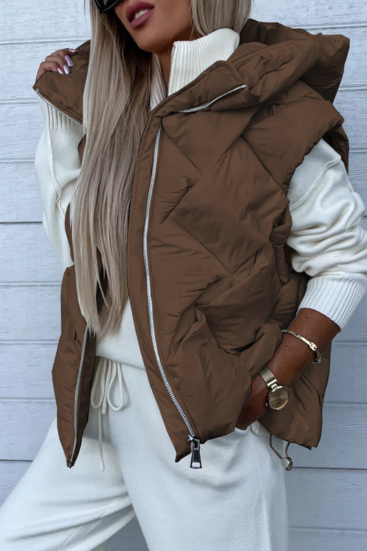 Desert Palm Quilted Zipper Front Hooded Vest Coat Outerwear JT's Designer Fashion