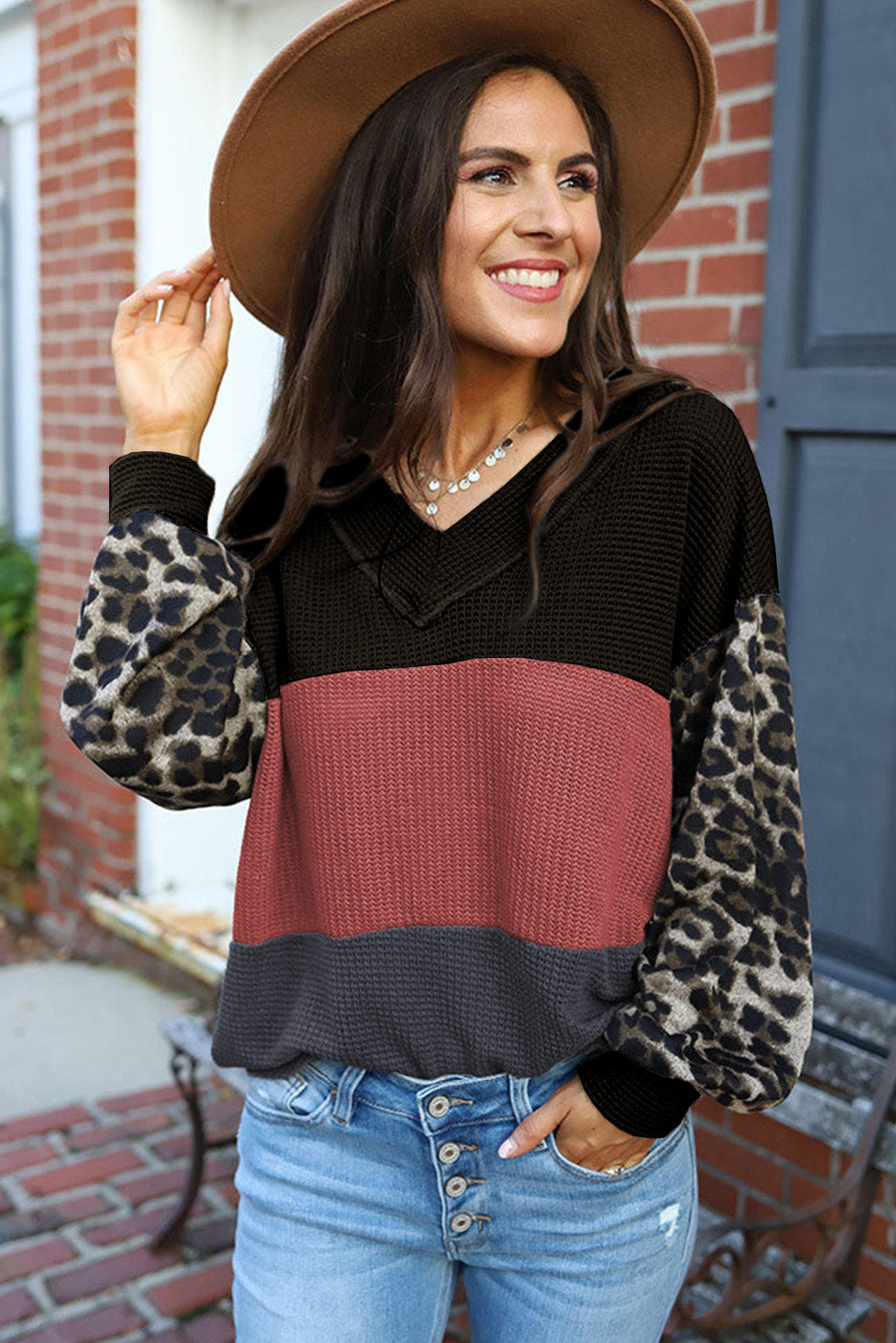 Black Wild Leopard Contrast Sleeve Colorblock Waffle Knit Top Long Sleeve Tops JT's Designer Fashion