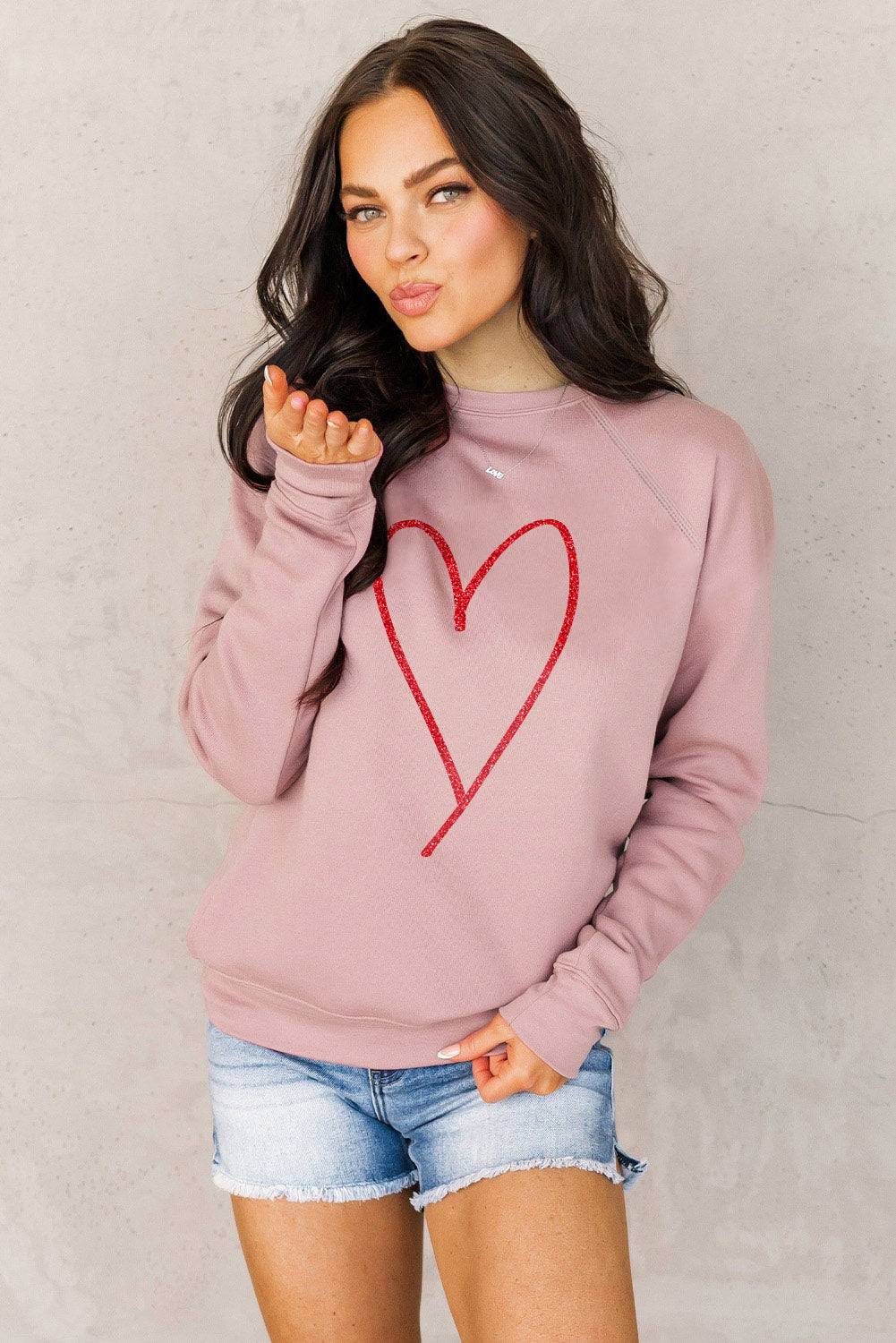 Pink Heart Glitter Graphic Raglan Pullover Sweatshirt Graphic Sweatshirts JT's Designer Fashion