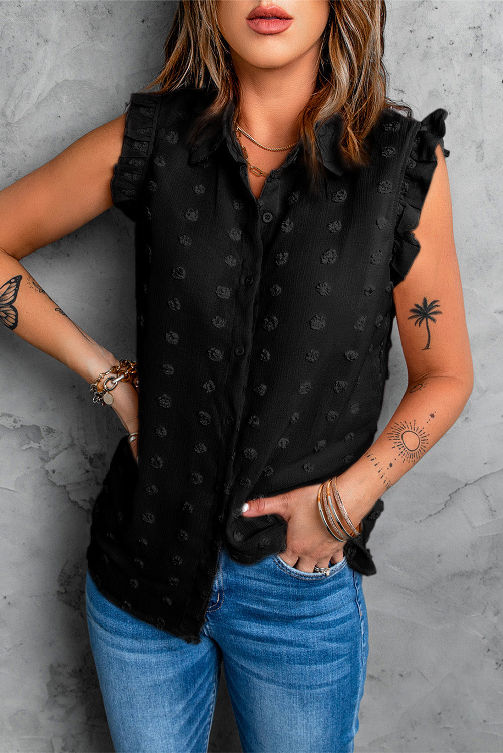 Black Turn-down Collar Ruffle Polka Dot Tank Black 100%Polyester Tank Tops JT's Designer Fashion