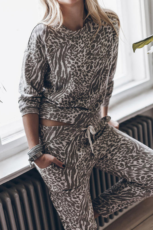 Leopard Long Sleeve Top Drawstring Pants Lounge Outfit Loungewear JT's Designer Fashion