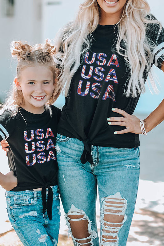 Black Daughter and Me USA Pattern Printed Short Sleeve T Shirt Black 95%Polyester+5%Elastane Family T-shirts JT's Designer Fashion