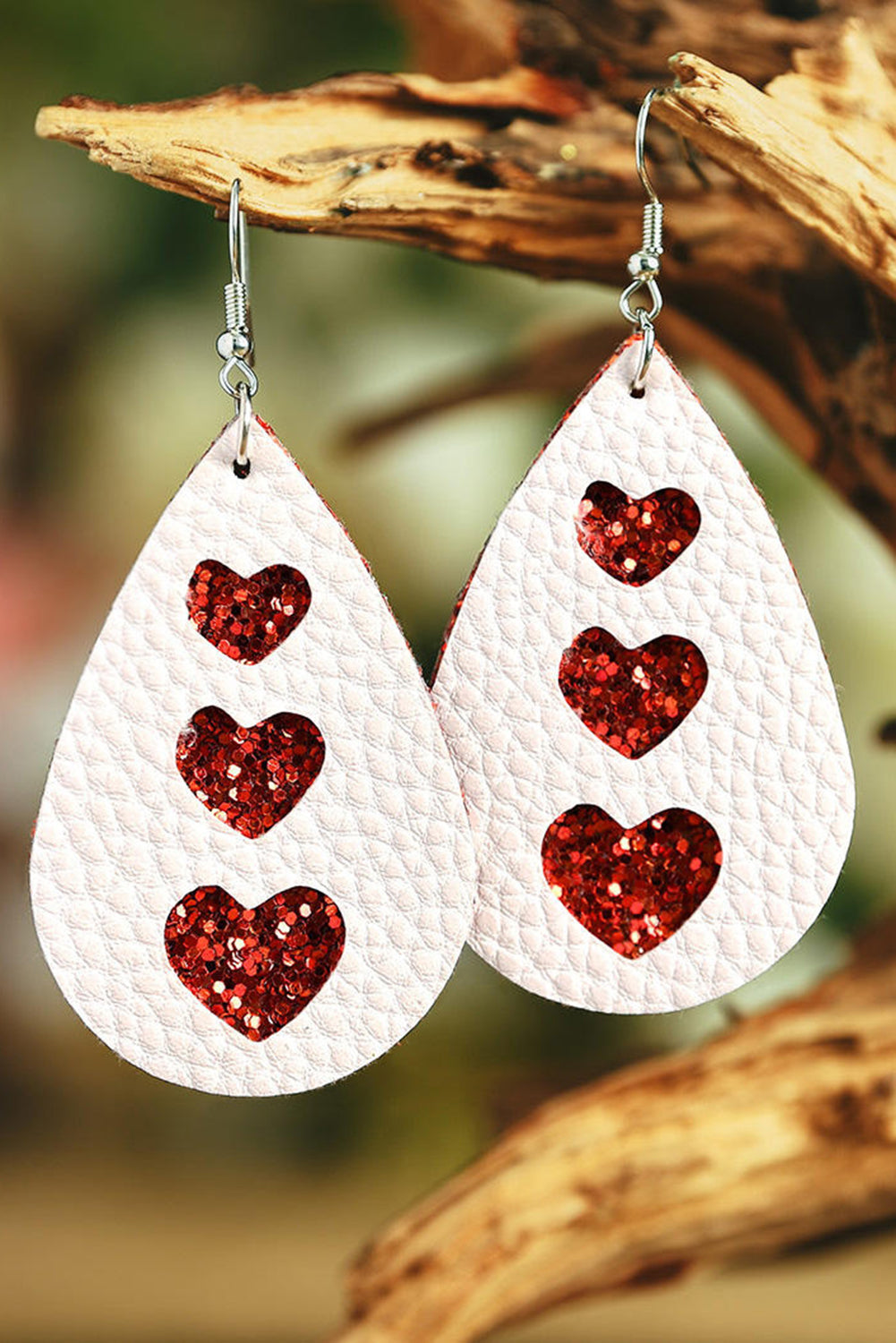 White Valentines Heart Print Pu Leather Teardrop Dangle Earrings Jewelry JT's Designer Fashion