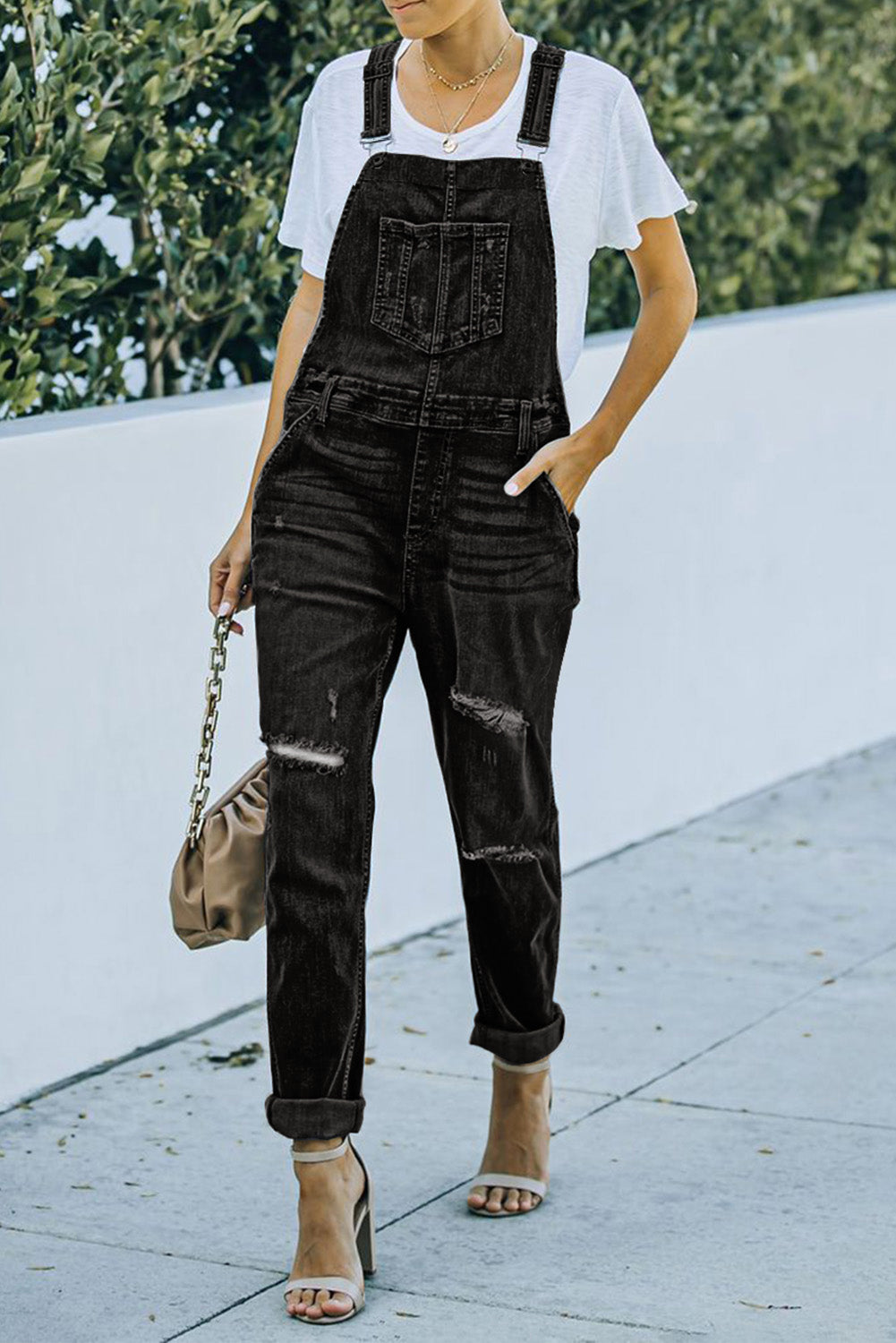 Black Distressed Bib Denim Overalls Jeans JT's Designer Fashion