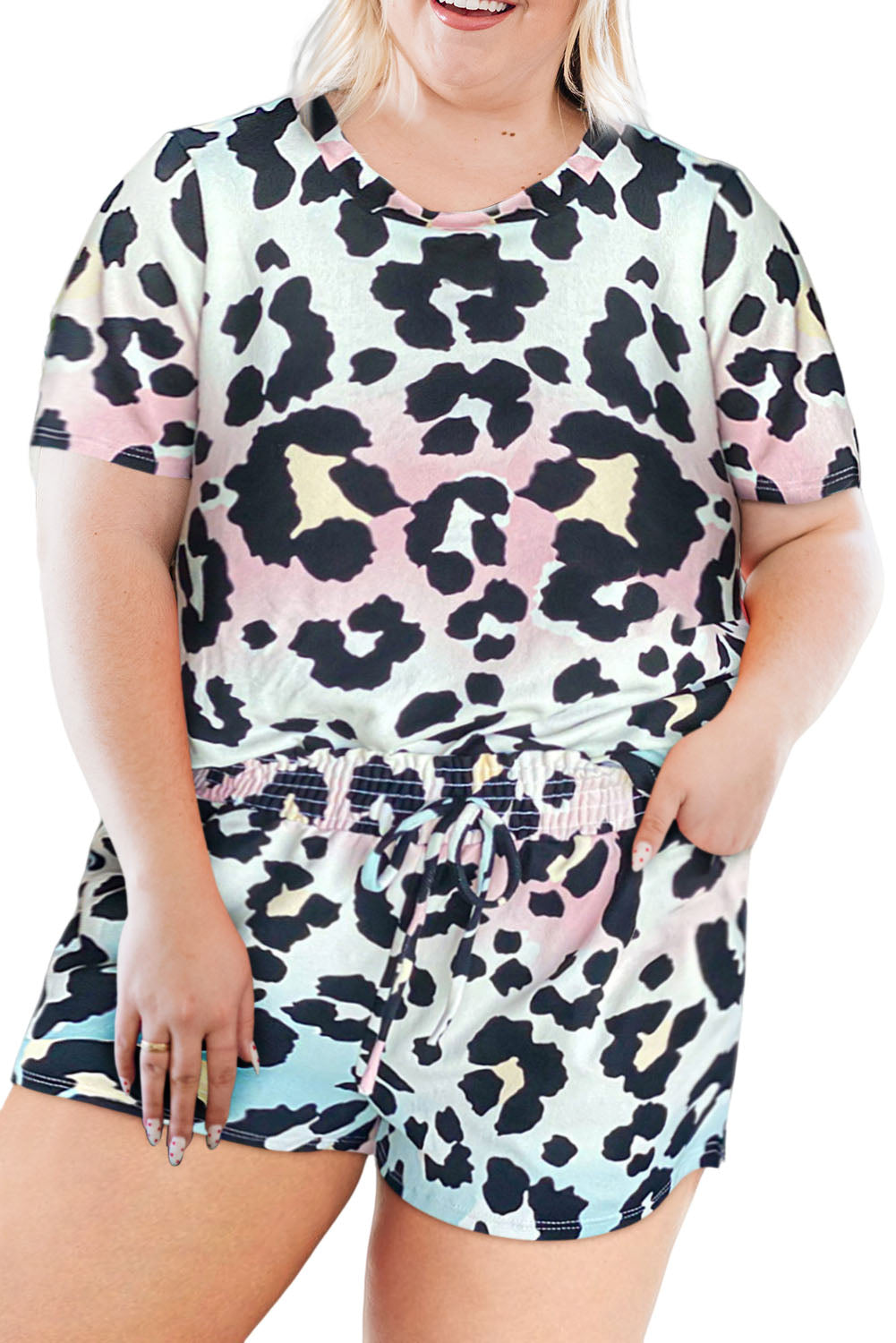 Leopard Tie Dye Print Short Sleeve Lace-up Waist Plus Size Lounge Set Plus Size JT's Designer Fashion