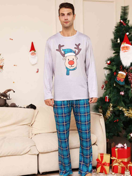 Full Size Rudolph Graphic Long Sleeve Top and Plaid Pants Set Azure Family Sets JT's Designer Fashion