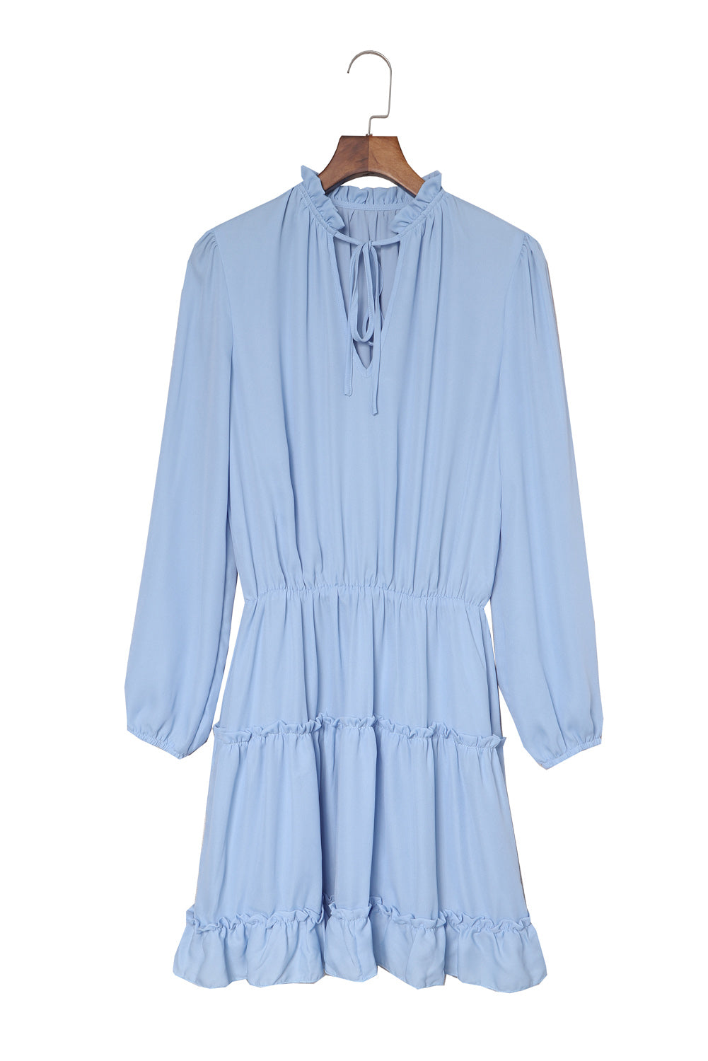 Light Blue V Neck Long Sleeve Ruffle Tiered Mini Dress Mini Dresses JT's Designer Fashion