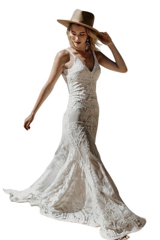 Graceful V Neck Lace Bridal Prom Gown White Evening Dresses JT's Designer Fashion