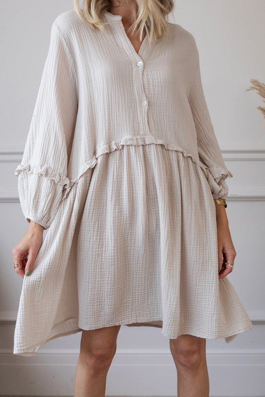 Apricot Frill Trim Half Buttoned Textured Dress Mini Dresses JT's Designer Fashion