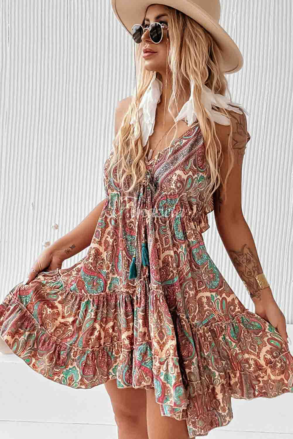 Brown Paisley Print Sleeveless V-Neck Tassel Backless Ruffle Dress Dresses JT's Designer Fashion