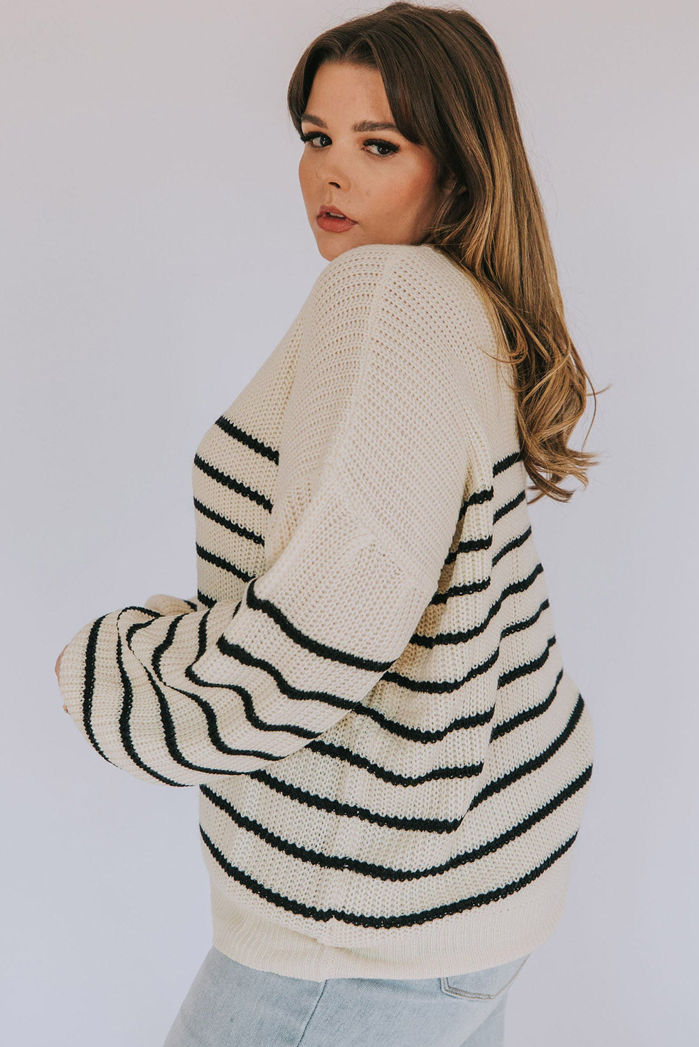 Khaki Plus Size Striped Drop Shoulder Puff Sleeve Sweater Plus Size JT's Designer Fashion