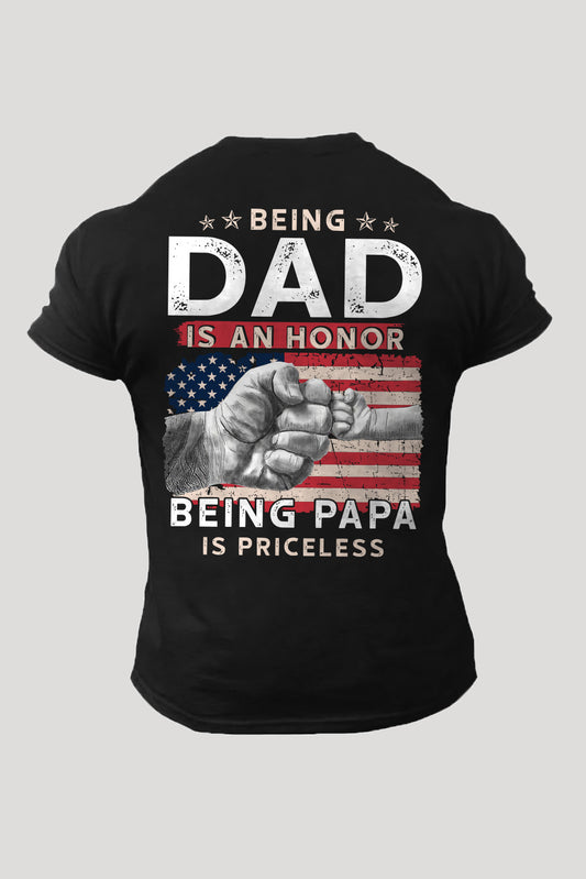 Black Being Dad Is Honor Papa Is Priceless Graphic Father's Day Shirt Black 62%Polyester+32%Cotton+6%Elastane Men's Tops JT's Designer Fashion