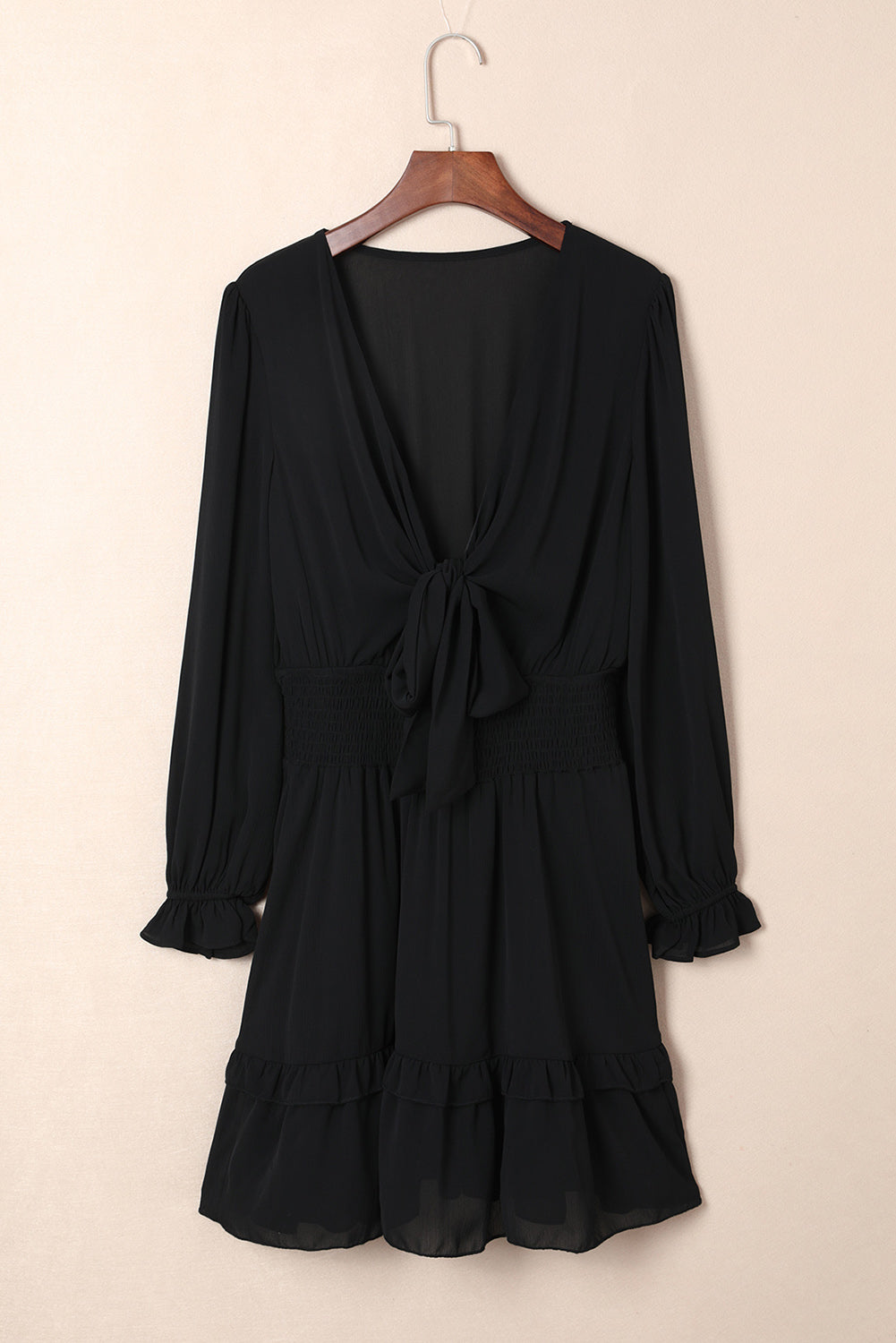 Black Deep V Neck Lantern Sleeve Knotted Tiered Mini Dress Mini Dresses JT's Designer Fashion