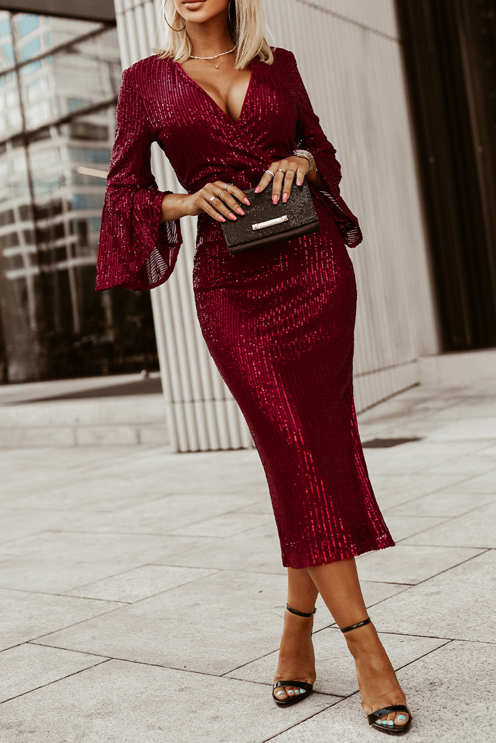 Red Deep V Neck Bell Sleeve Sequin Dress Red 100%Polyester Sequin Dresses JT's Designer Fashion