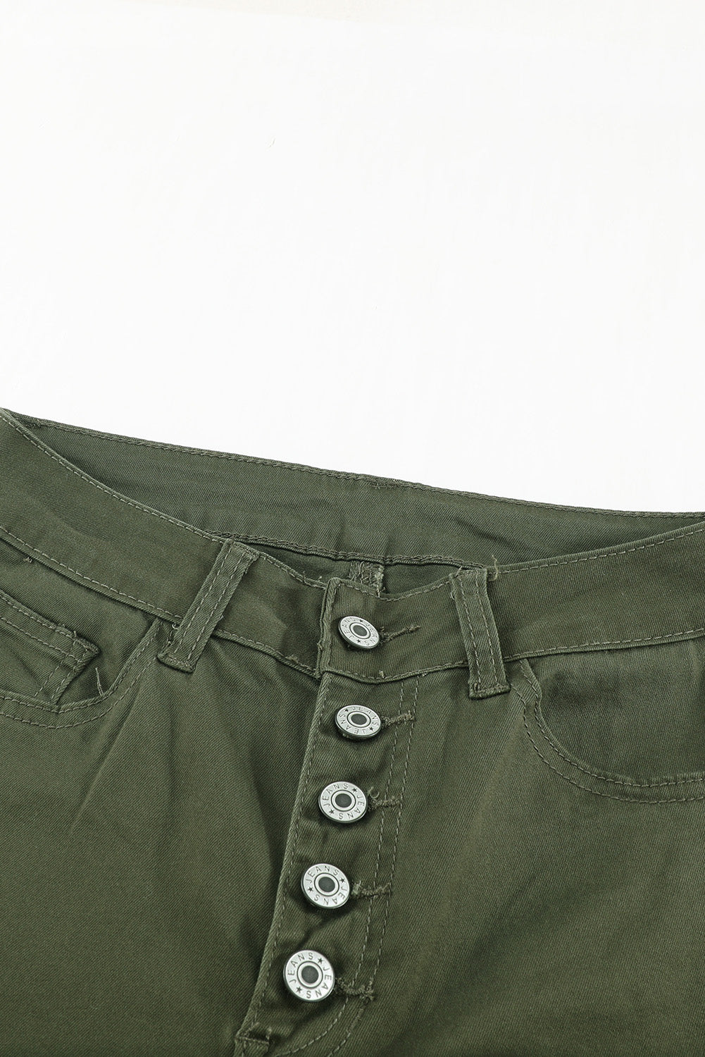 Green Plain High Waist Buttons Frayed Cropped Denim Jeans Jeans JT's Designer Fashion
