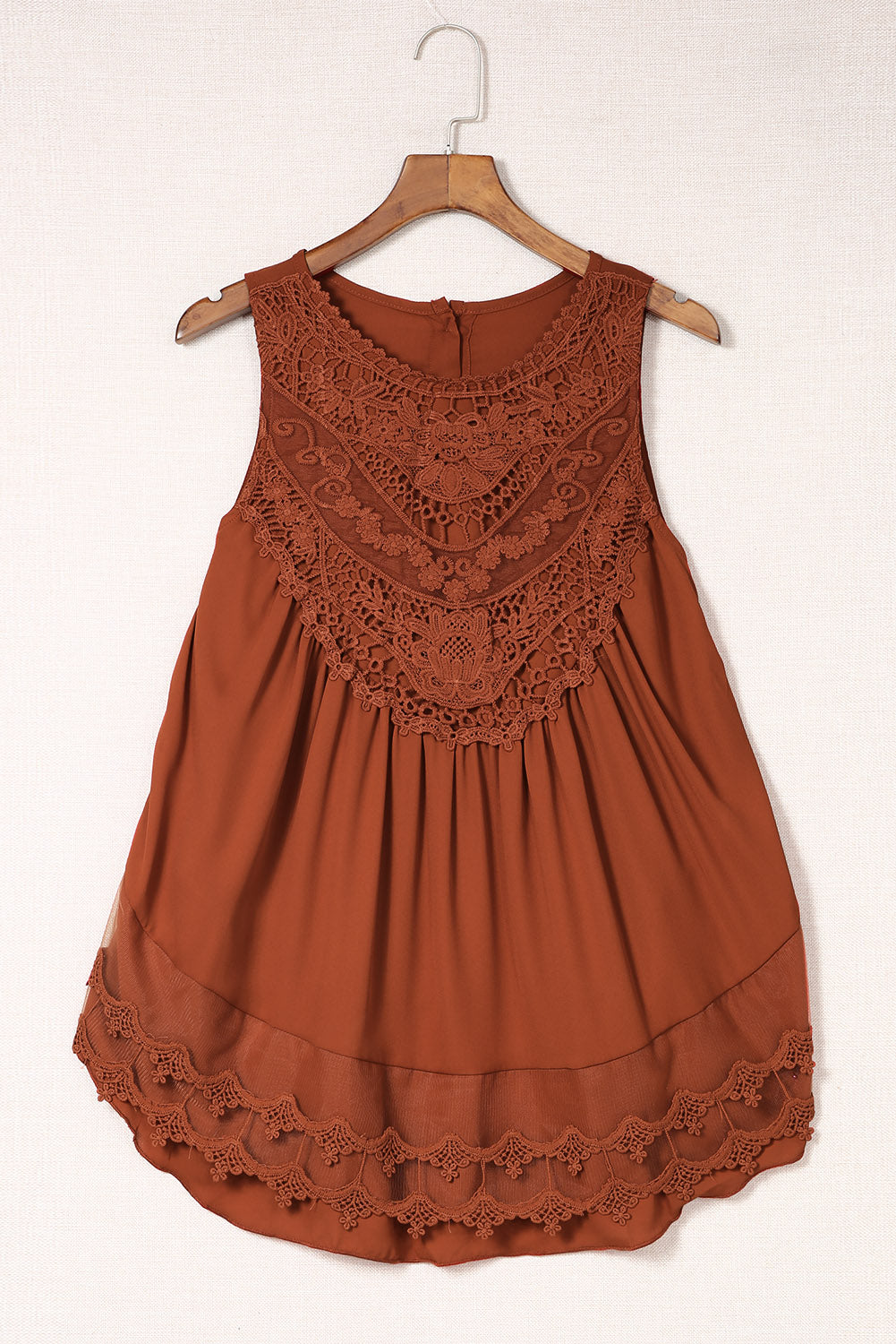 Brown Lace Detail Buttons Back Sleeveless Top Tank Tops JT's Designer Fashion