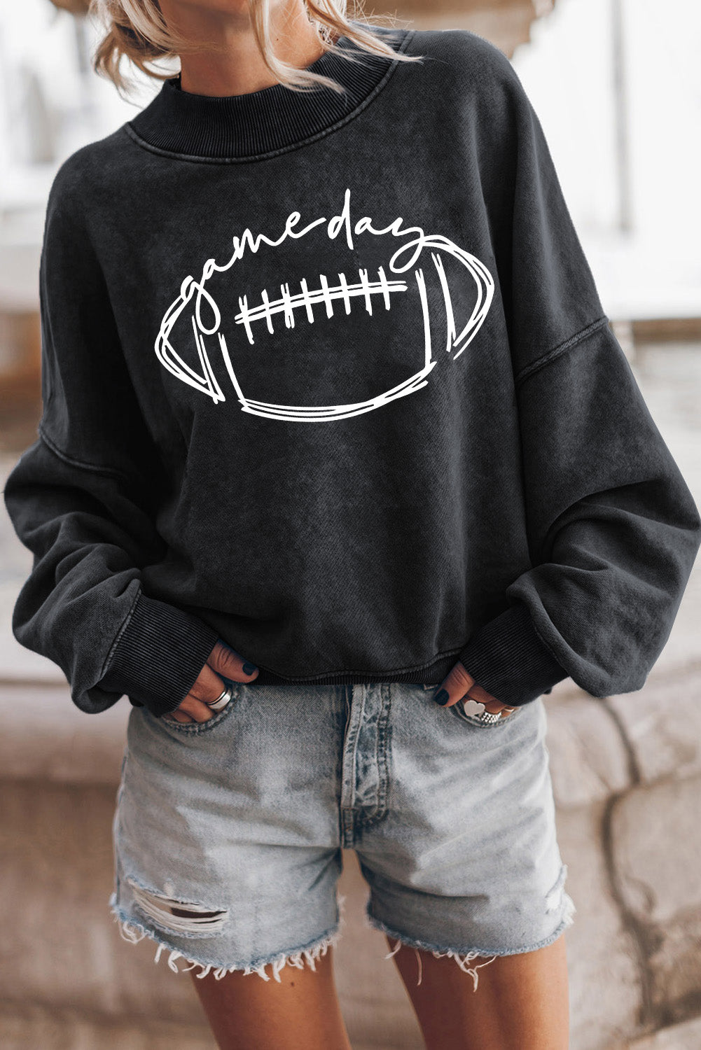 Black Rugby game day Graphic Pullover Sweatshirt Black 75%Polyester+25%Cotton Graphic Sweatshirts JT's Designer Fashion