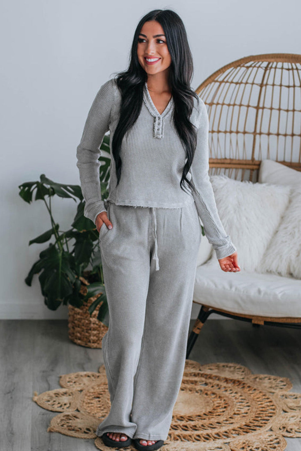 Light Grey Mineral Washed Frayed Henley Top 2pcs Pants Outfit Loungewear JT's Designer Fashion