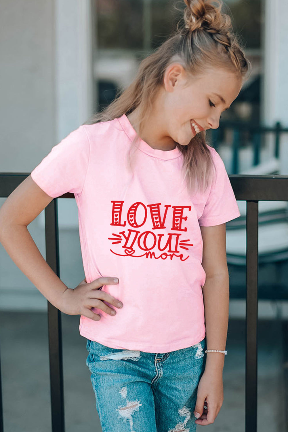 Pink Family Matching LOVE You Mom Pattern Print Girl's T Shirt Family T-shirts JT's Designer Fashion
