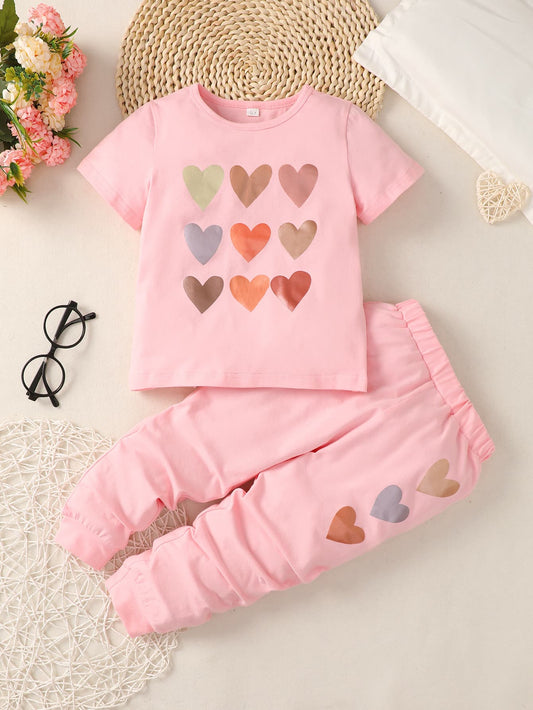 Girls Heart Print T-Shirt and Joggers Set Pink Kids Sets JT's Designer Fashion